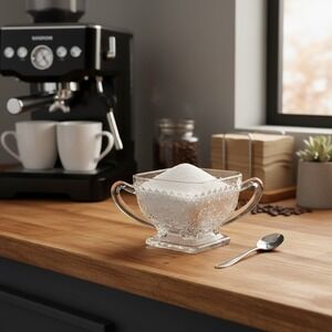 Vintage Pressed Glass Sugar Bowl Square Diamond Floral Pattern Pedestal 2 Handle